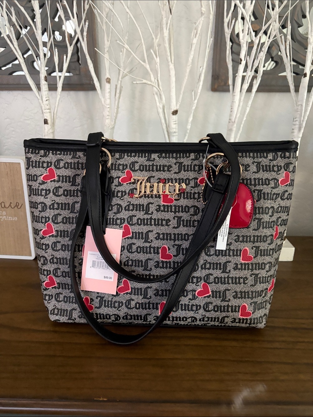 Juicy Couture Gray Logo Tote with Pink Hearts and Black Trim